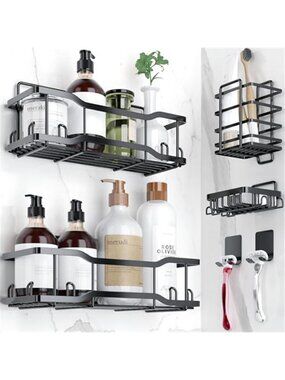 Black Shower Caddy Organizer Adhesive No Drill Stainless Steel Bathroom Shelf